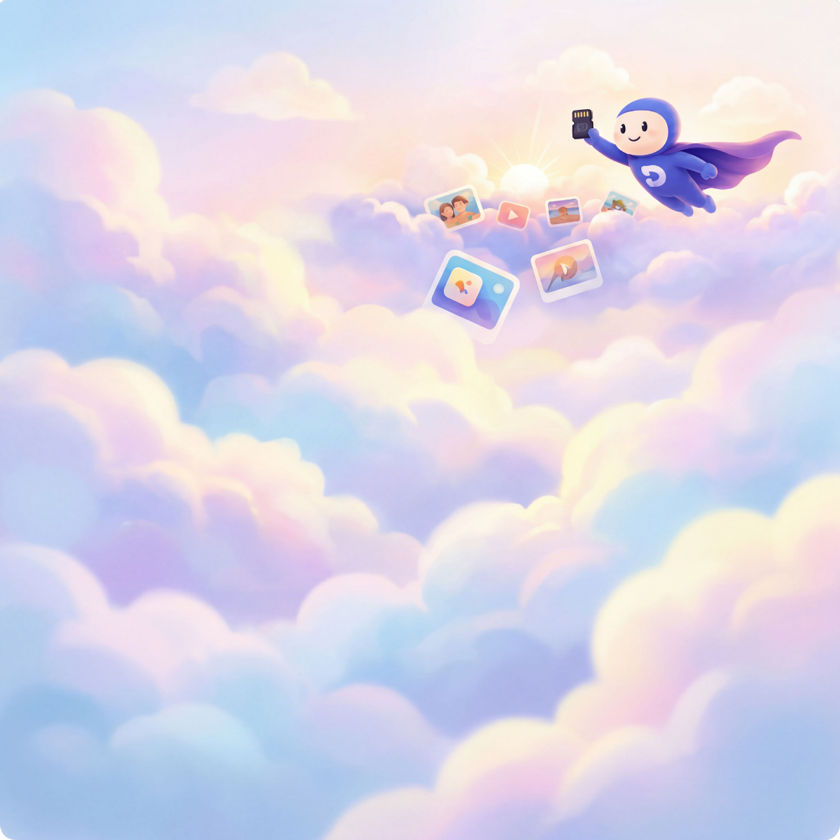 Trivo, das Datrivo-Maskottchen, fliegt mit einer SD-Karte durch pastellfarbene Wolken und bringt gerettete Fotos zurück